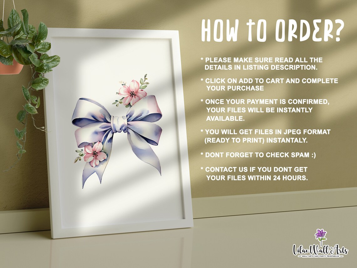 Lilac Bow Watercolor Poster Pink Floral Ribbon Nursery Wall Decor - Image 5