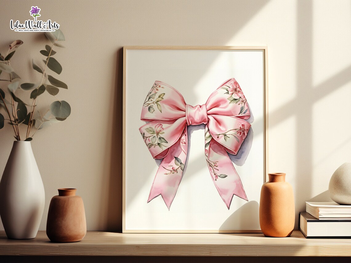Pink Floral Bow Watercolor Poster Chinoiserie Ribbon Girls Room Art