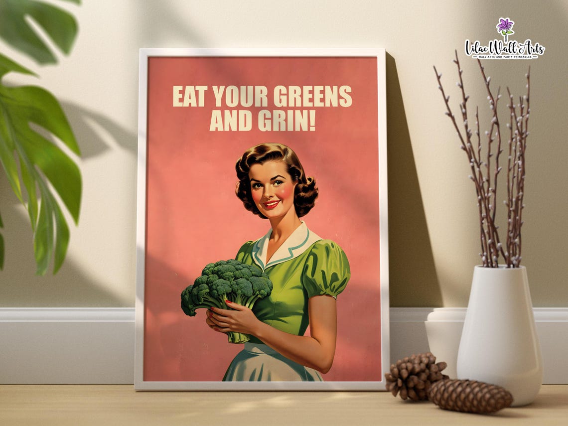 Eat Your Greens And Grin Retro Broccoli Vintage Kitchen Poster - Image 2