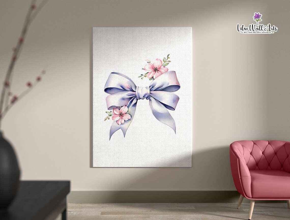 Lilac Bow Watercolor Poster Pink Floral Ribbon Nursery Wall Decor - Image 6