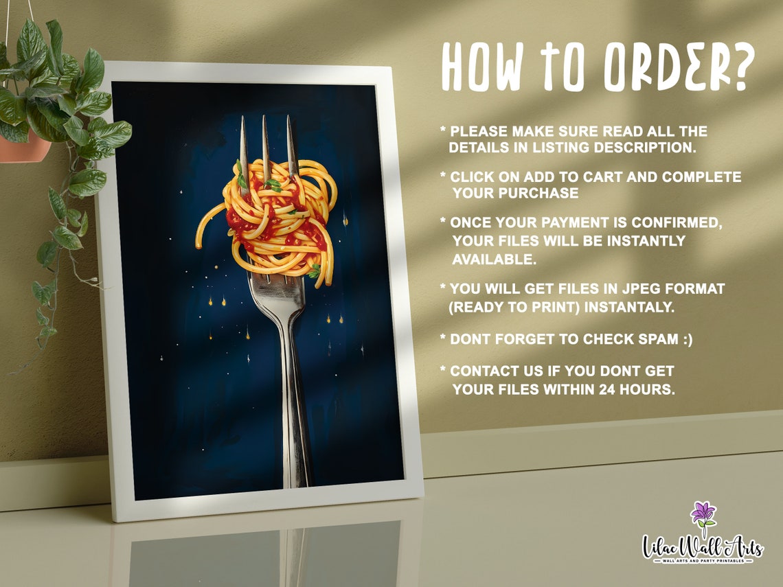 Spaghetti Tomato Sauce Fork Navy Blue Kitchen Food Art Poster - Image 2
