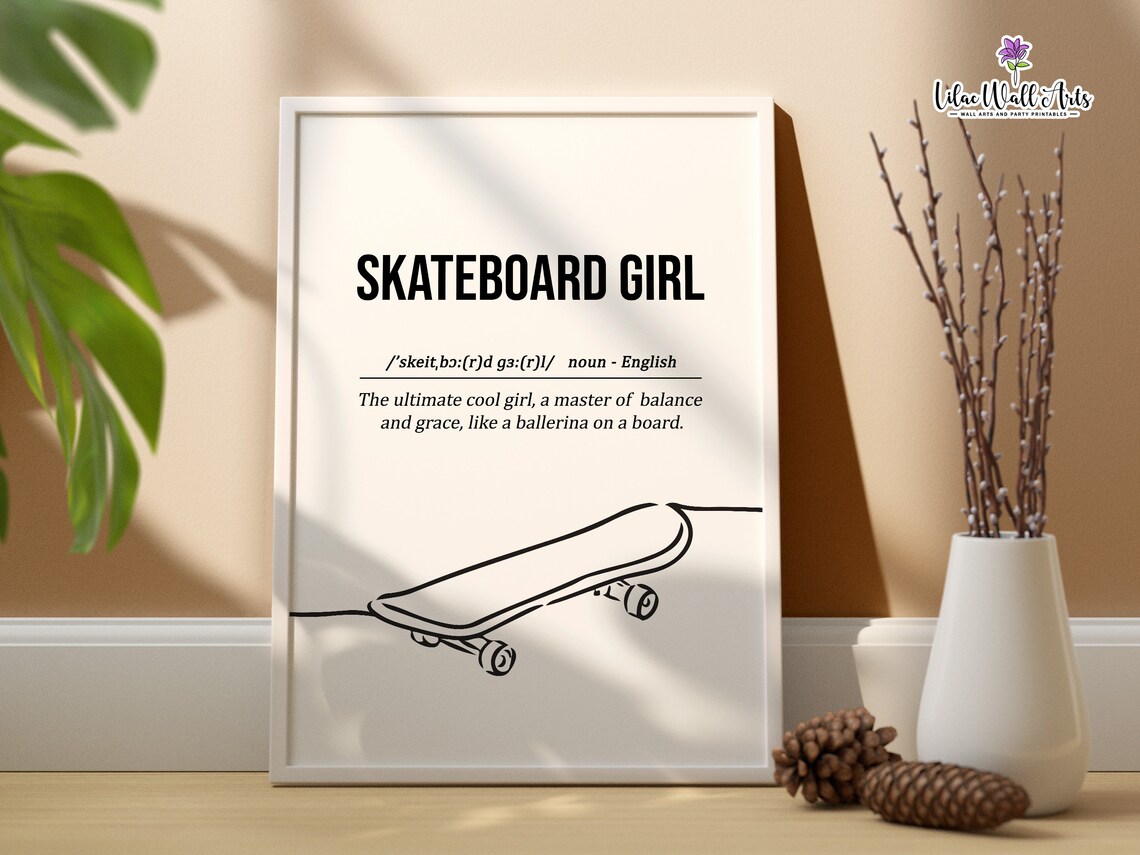 Skateboard Girl Definition Cool Balance Grace Minimalist Line Art Wall Print