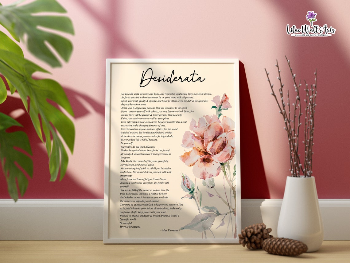 Desiderata Poem Max Ehrmann Pink Floral Watercolor Gift Poster