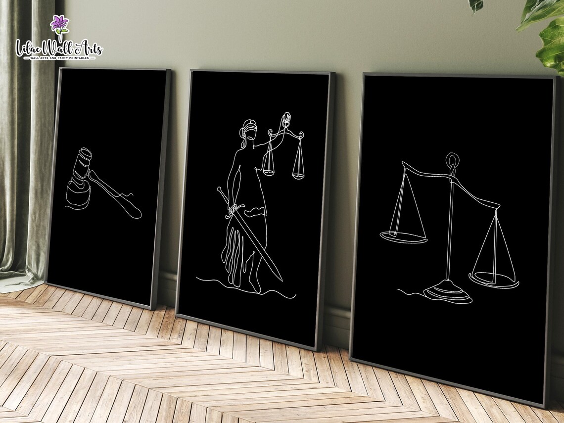 Set Of 3 Law Line Art Black Lady Justice Scales Gavel Poster - Image 2