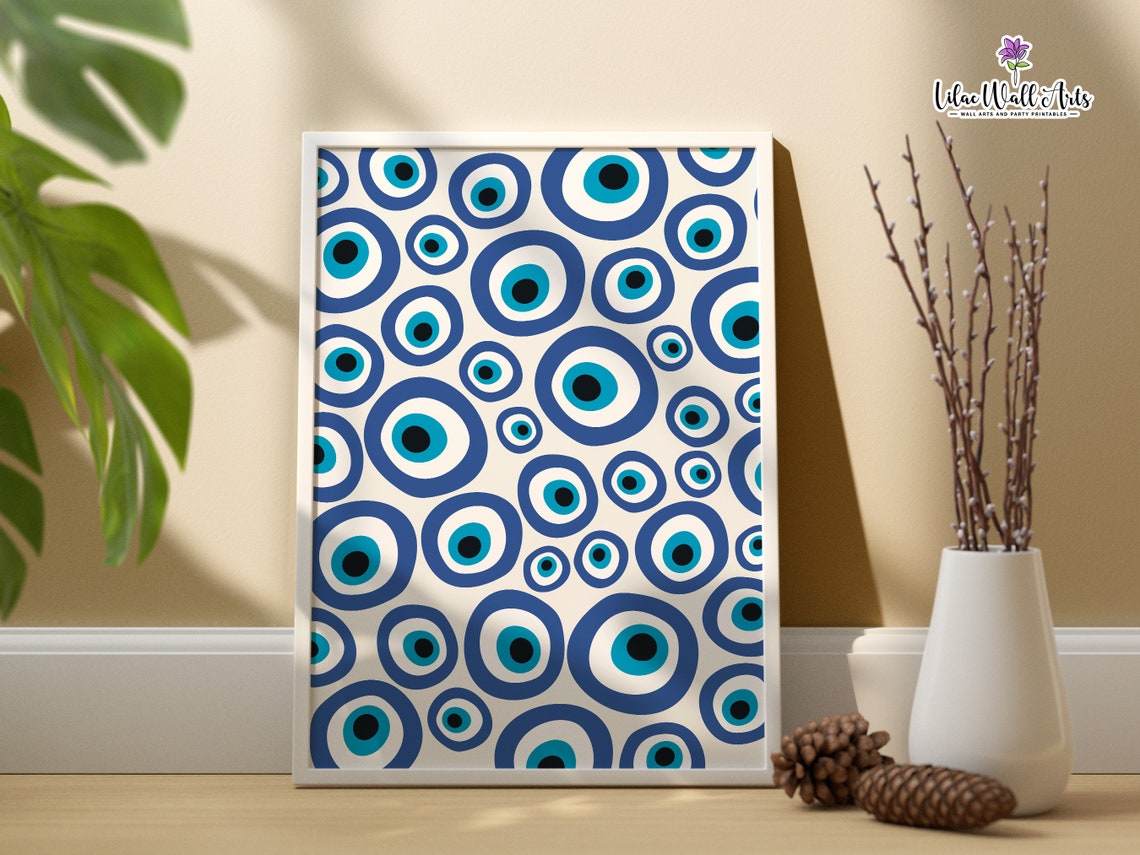 Evil Eye Pattern Repeating Blue Nazar Eyes Cream Background Poster