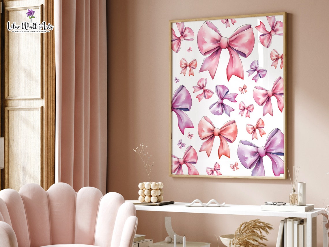 Pink Bows Watercolor Pattern Poster Coquette Ribbon Girls Room Decor - Image 2