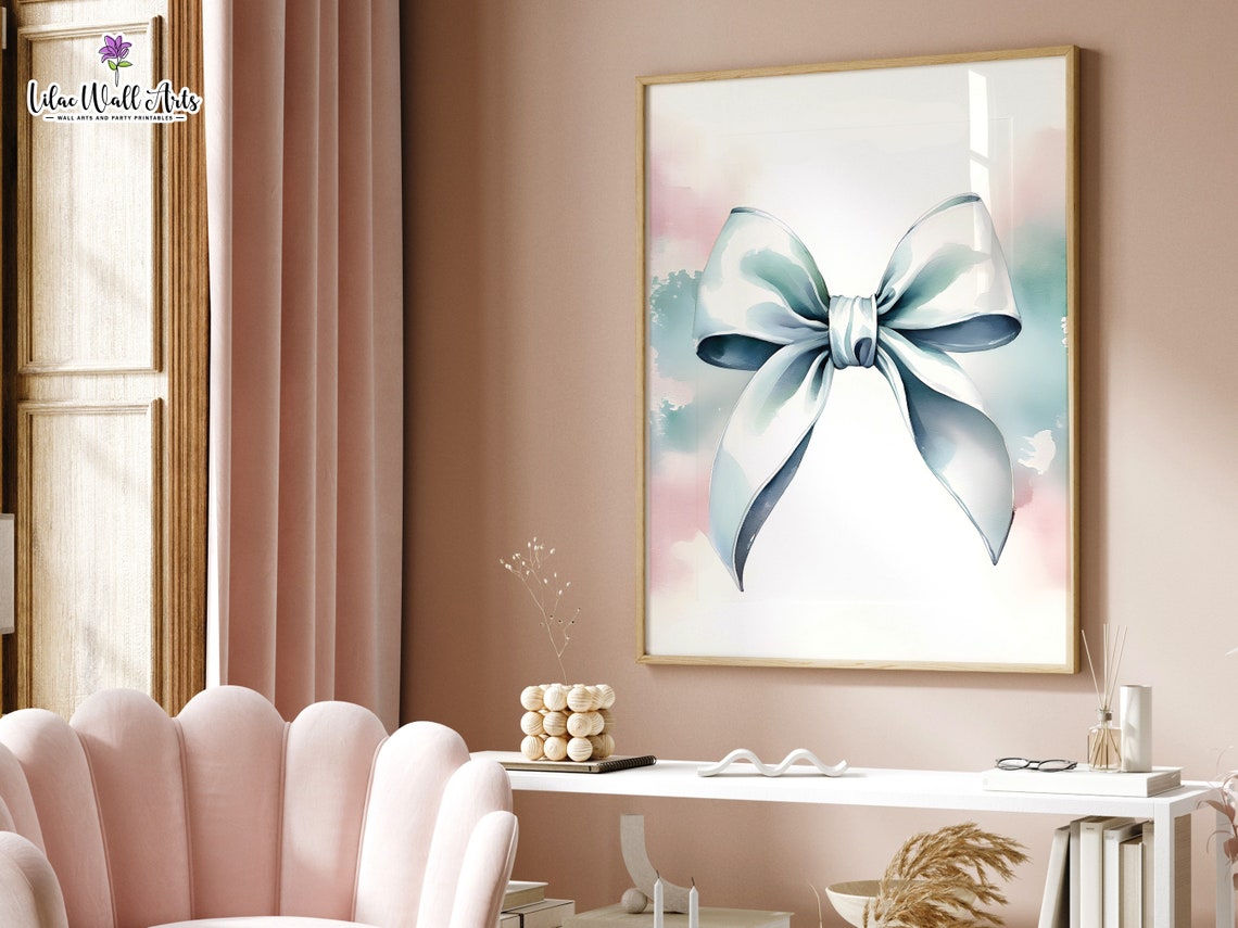 Blue Satin Bow Watercolor Poster Coquette Ribbon Nursery Wall Decor - Image 5