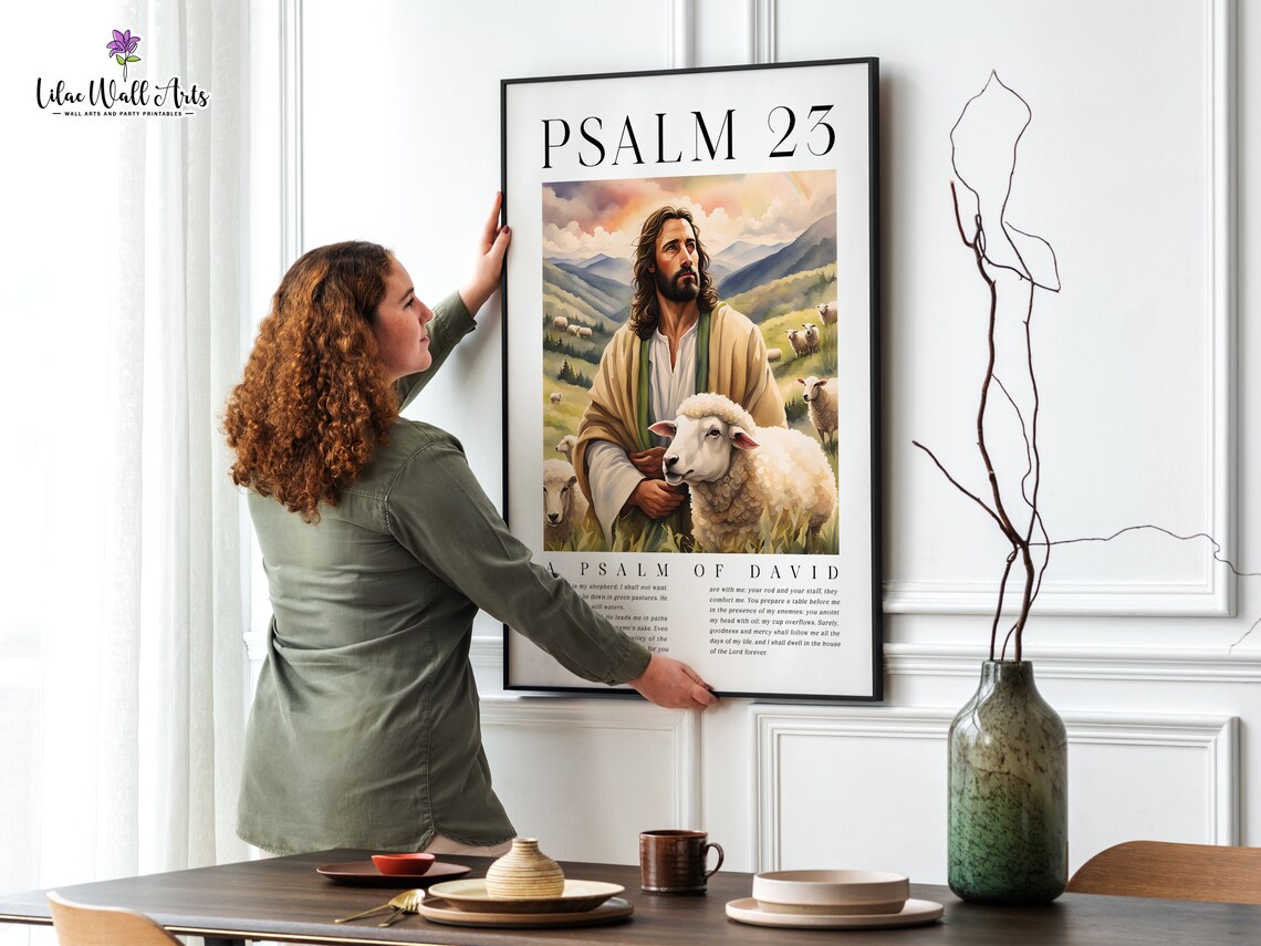 Psalm 23 Jesus With Lamb Pastoral Bible Verse Christian Art Poster - Image 3