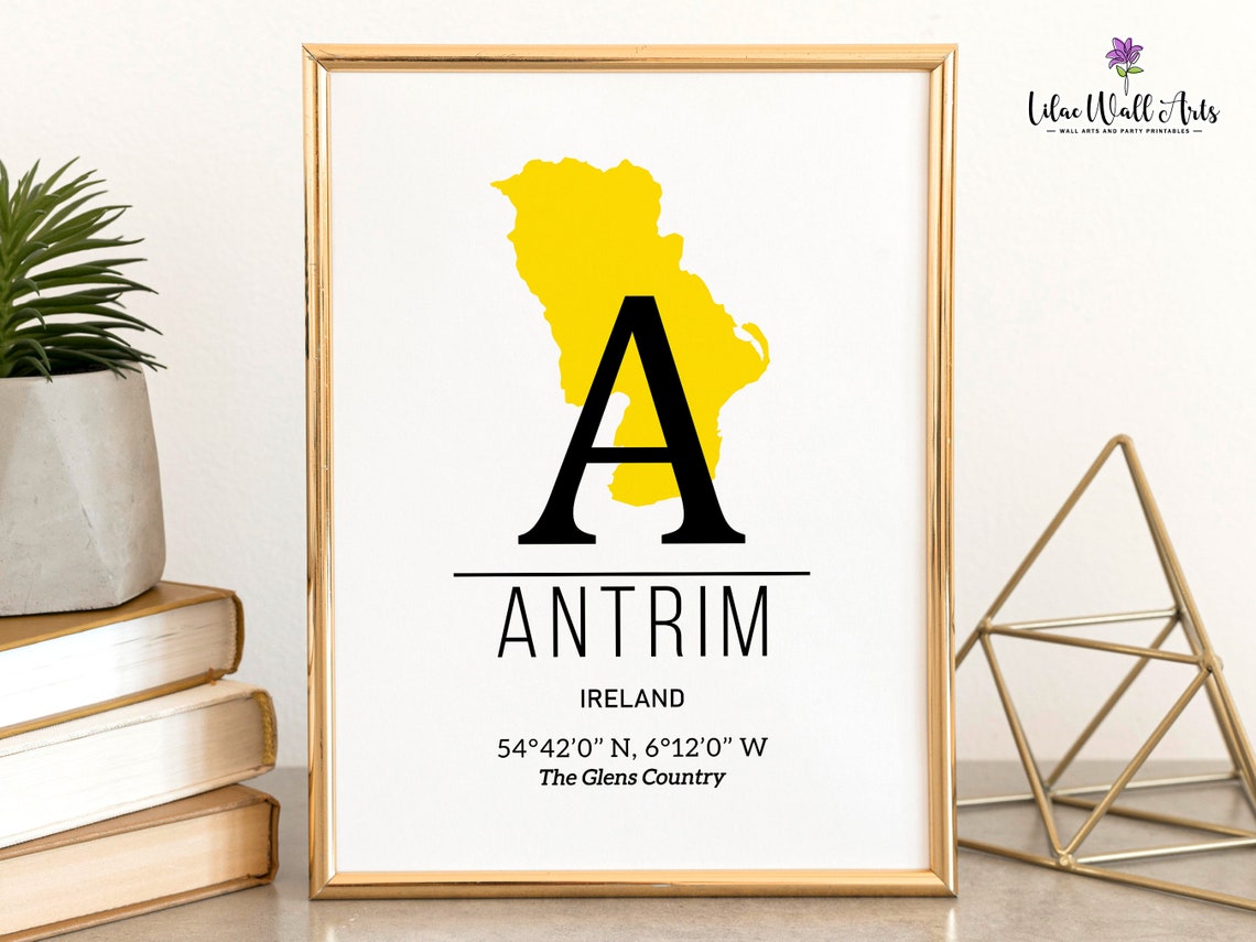 Antrim Ireland County Map Initial A Yellow Coordinate Art Print - Image 5