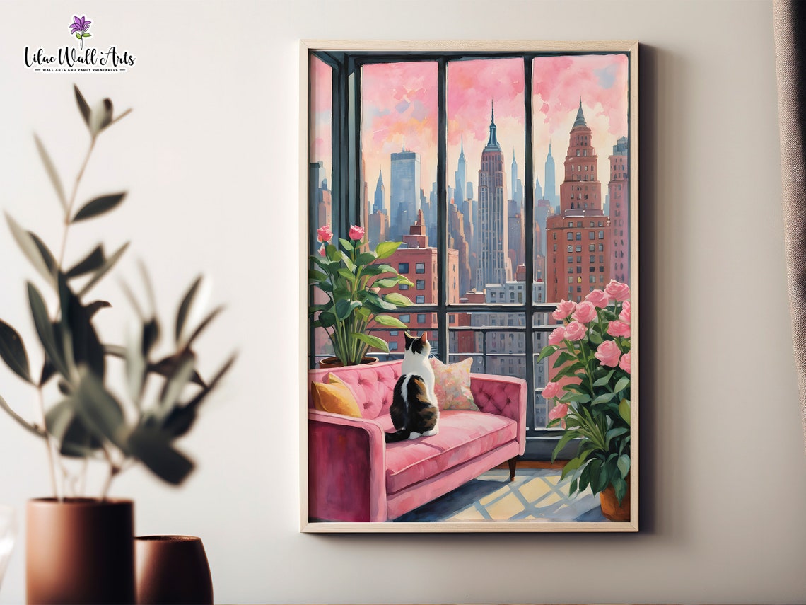 Calico Cat Pink Couch City Skyline Sunset Rose Window Poster - Image 2