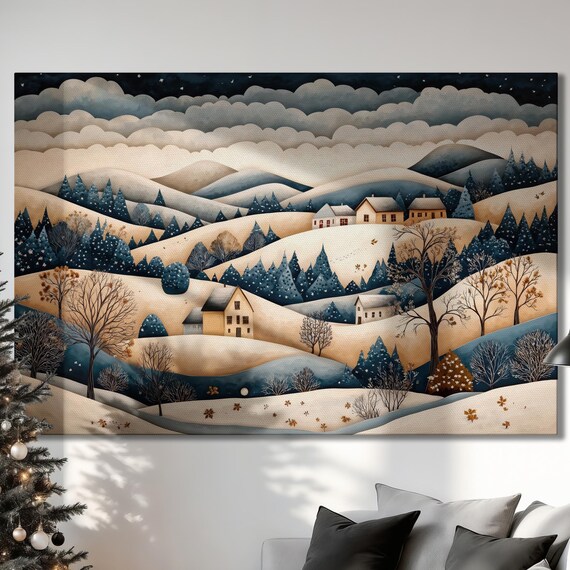 Winter Wonderland Snowy Village Night Folk Christmas Art Poster