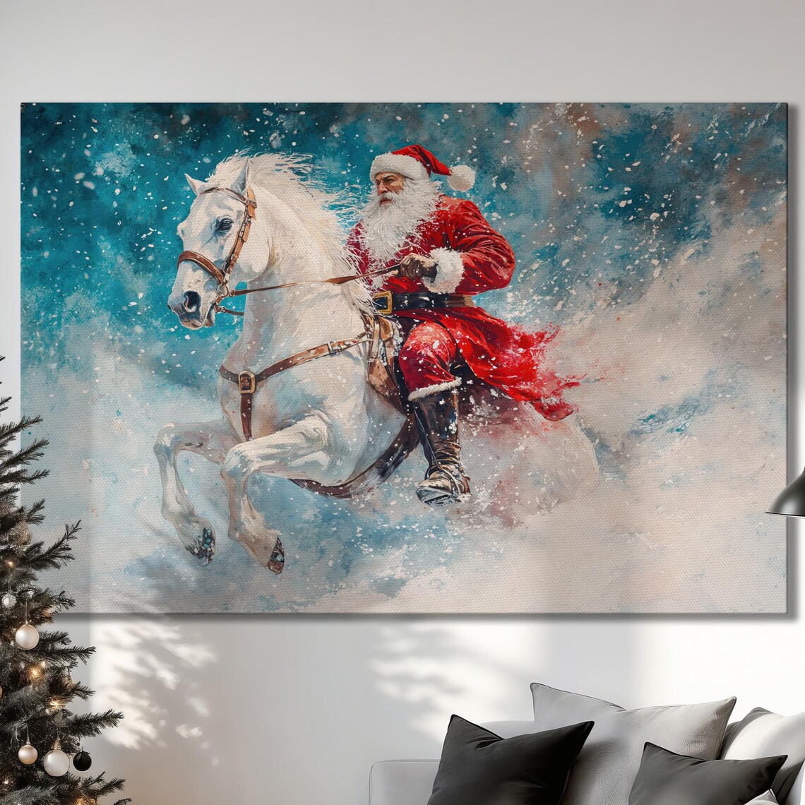 Santa Claus Riding White Horse Through Snow Storm Painting Poster