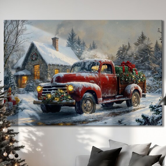 Festive Red Vintage Truck With Gifts In Snow Christmas Poster