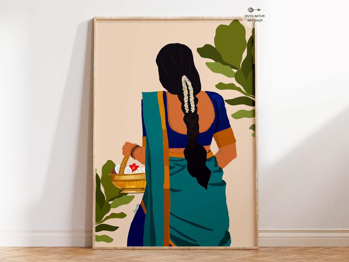 South Indian Woman in Teal Saree Carrying Puja Flower Basket Poster