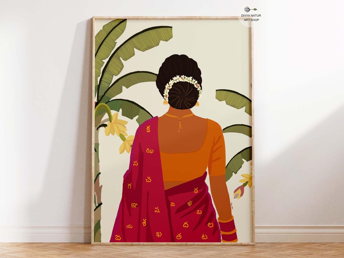 Telugu Woman In Saree With Script Motifs Banana Leaves Art Print