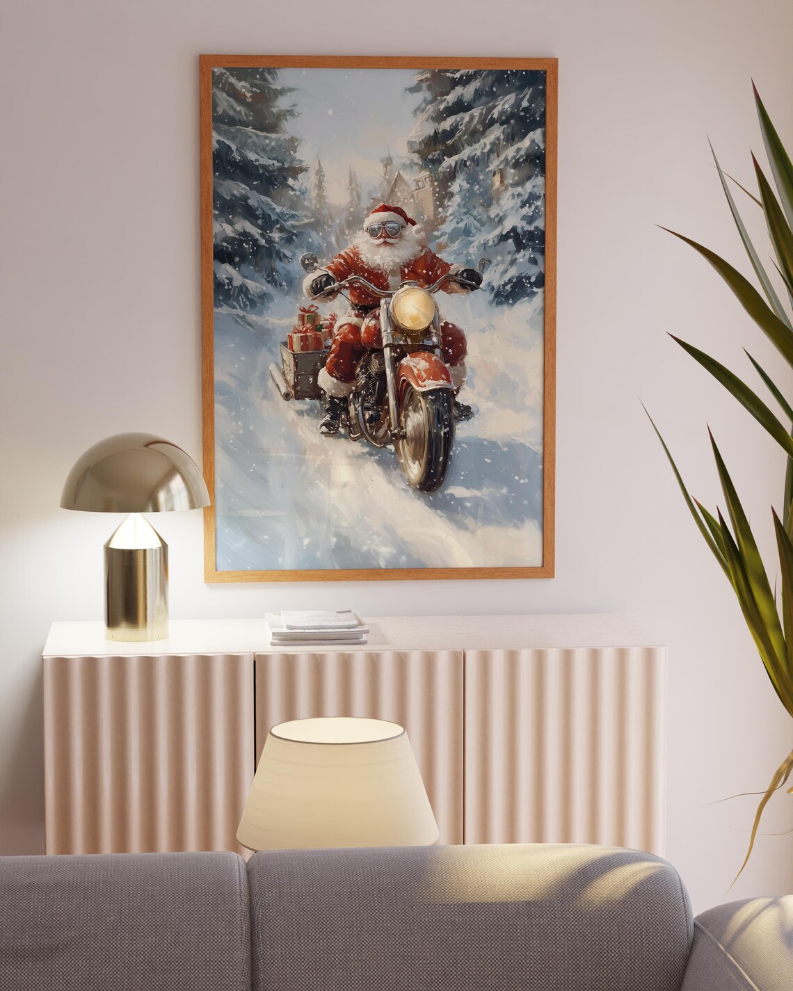 Santa Claus Riding Motorcycle Christmas Snowy Pines Gifts Poster - Image 2