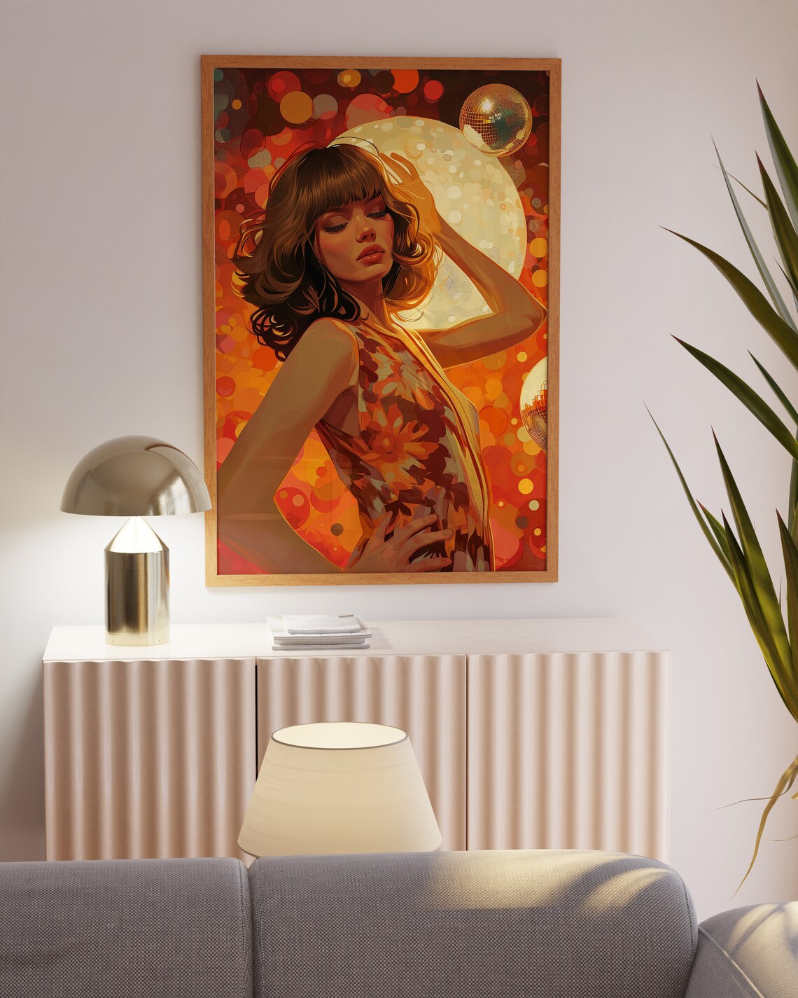 Disco Dancing Woman in Floral Dress Retro Nightlife Art Poster - Image 4