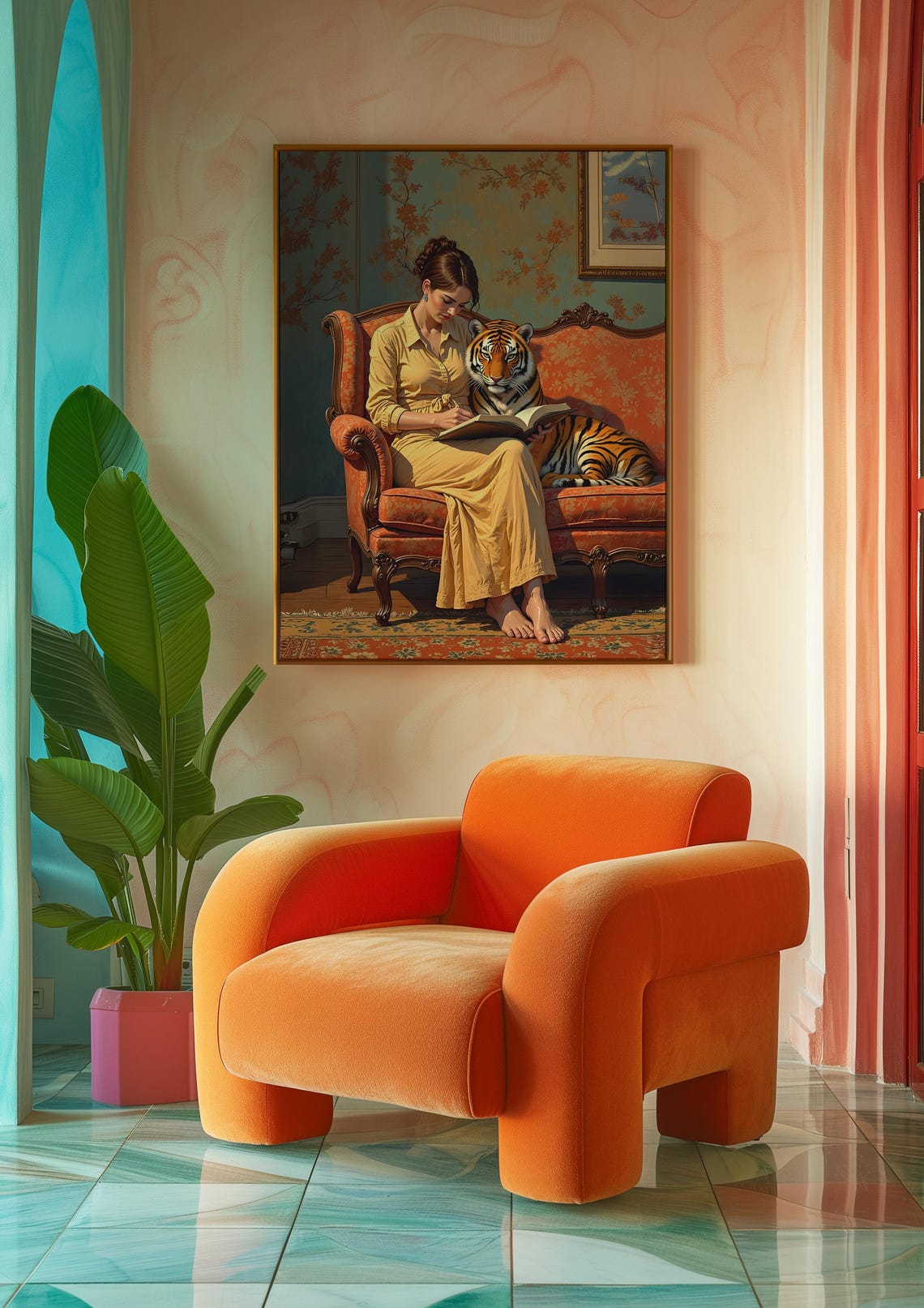 Woman Reading Book With Tiger Elegant Vintage Sofa Portrait Wall Art - Image 3