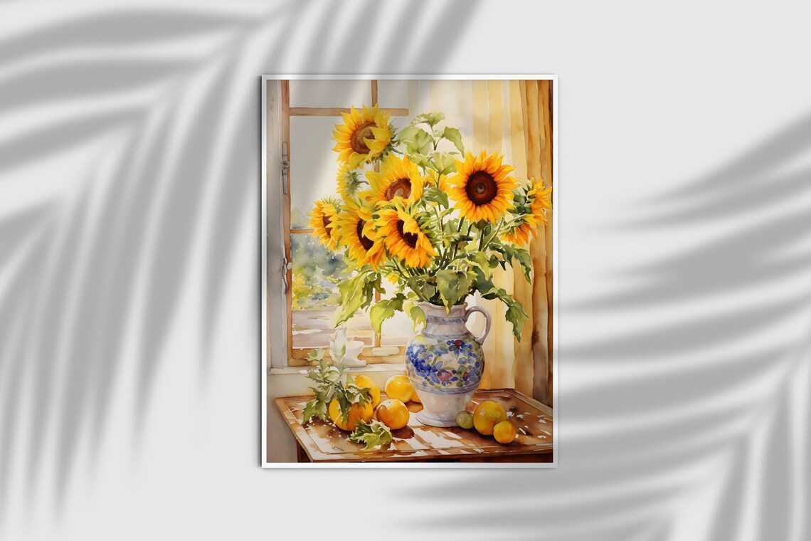 Sunflowers in Painted Vase by Window Watercolor Still Life Poster - Image 2
