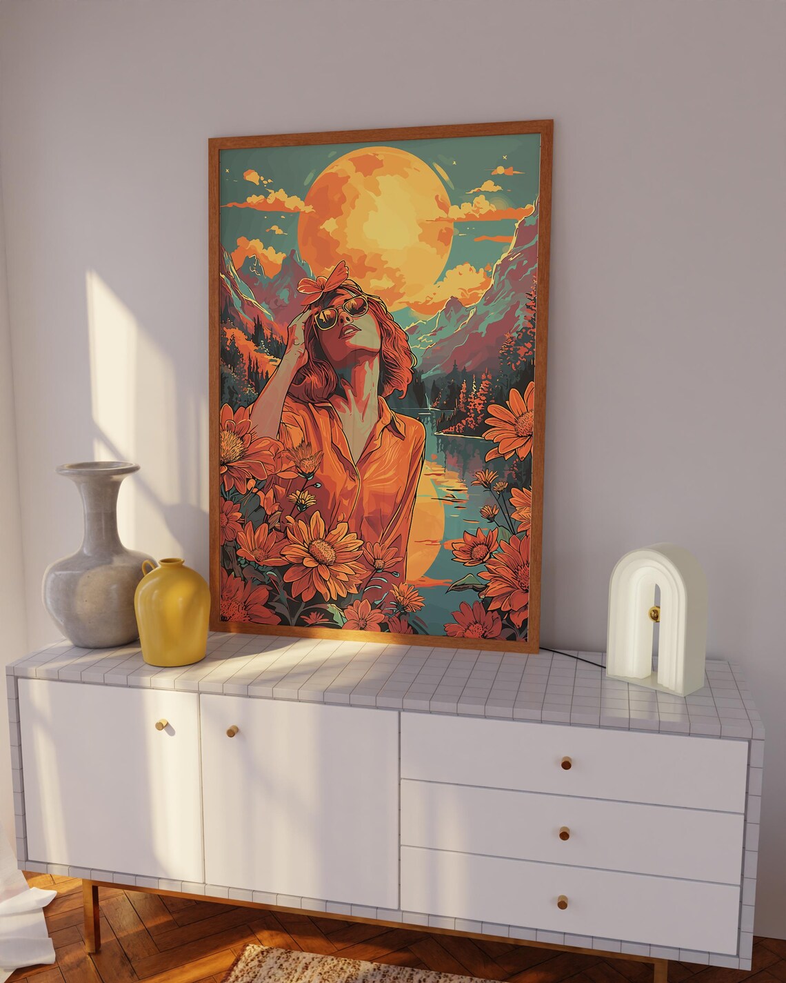 70s Woman Giant Sun Mountain Sunset Retro Hippie Girl Wall Art - Image 3