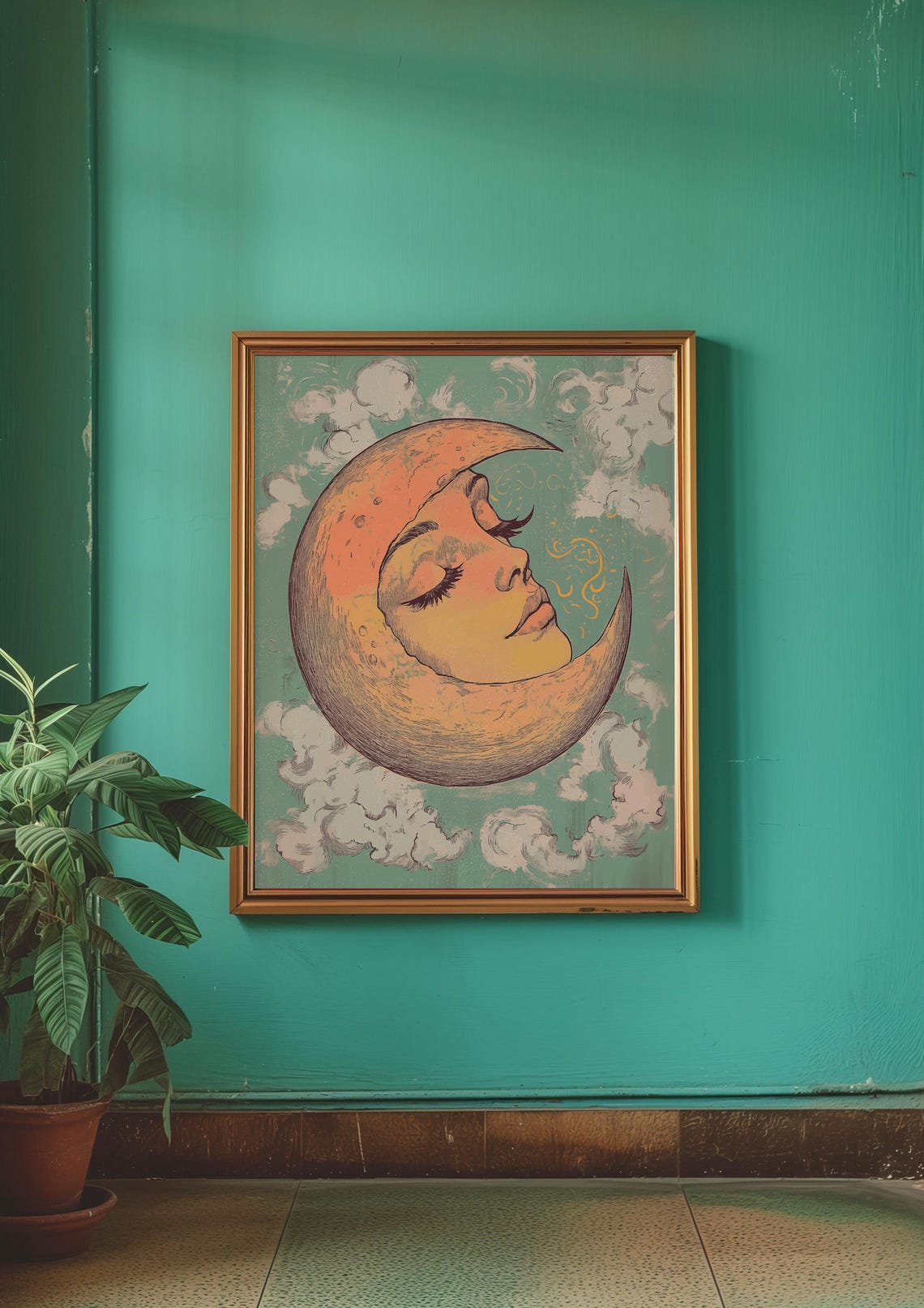 Vintage Celestial Crescent Moon Sleeping Face Bohemian Wall Art - Image 2