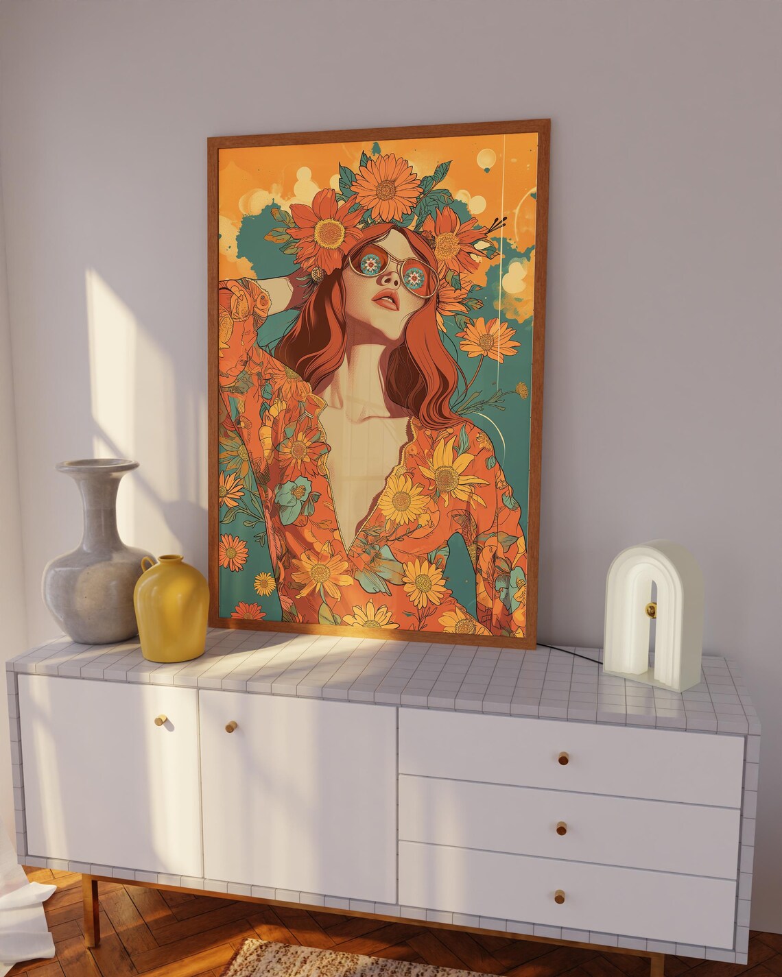 70s Flower Child Daisy Sunglasses Retro Hippie Girl Orange Wall Art - Image 4
