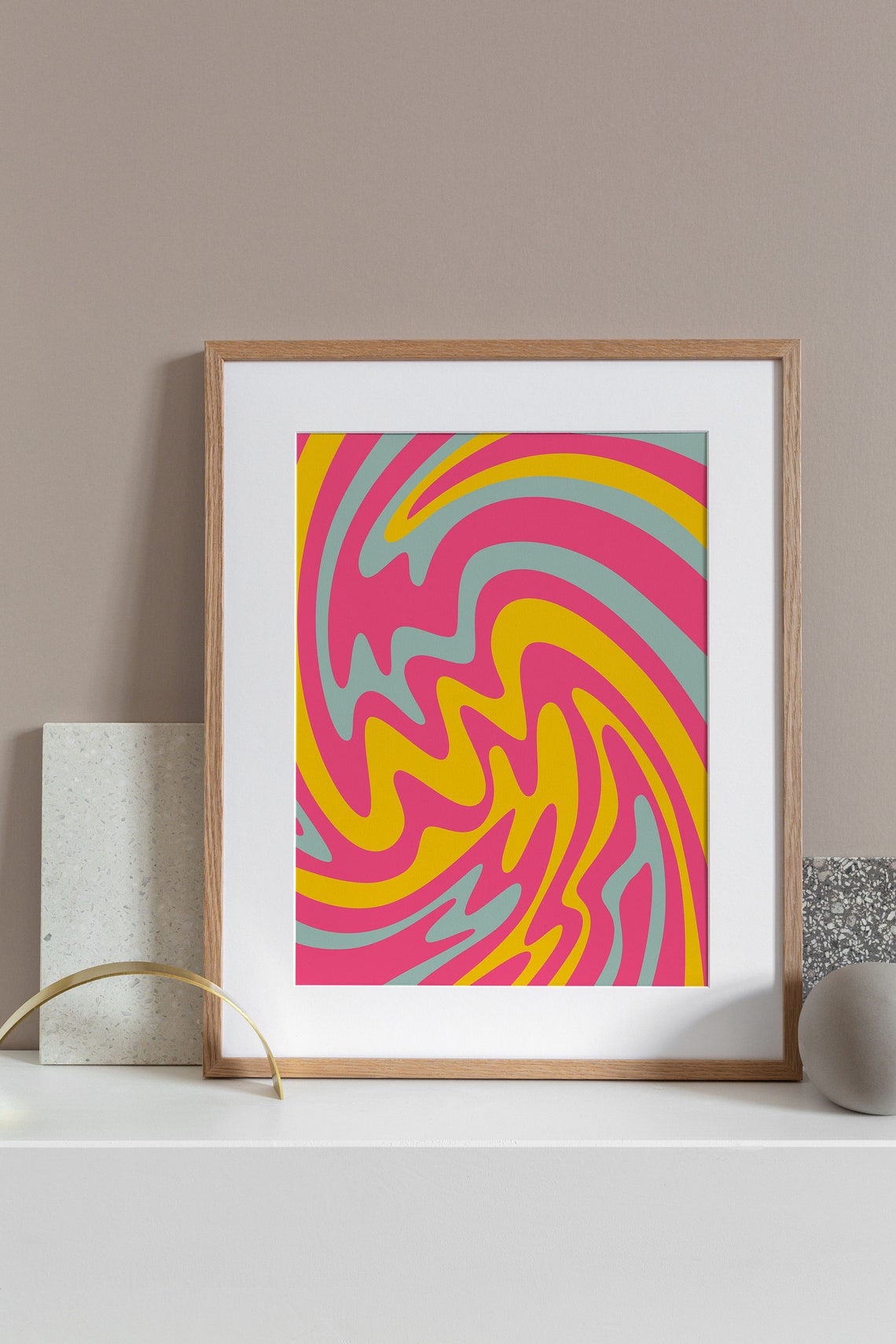 Retro 70s Groovy Pink Yellow Teal Wavy Swirl Abstract Poster - Image 3