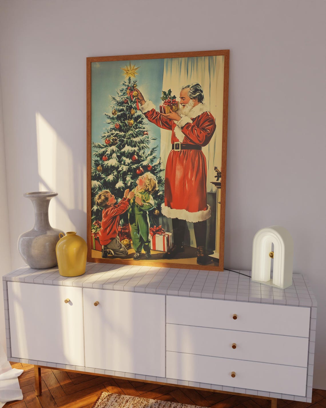 Vintage Santa Claus Decorating Christmas Tree Retro Holiday Poster - Image 3