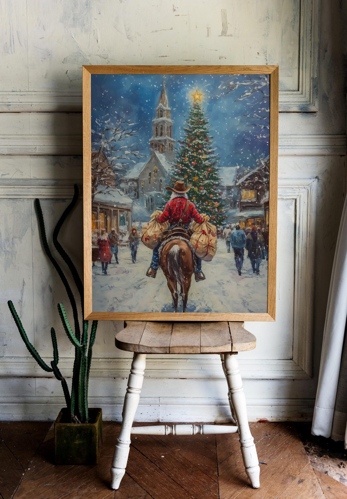 Starry Night Winter Holiday Landscape Art Santa Claus Riding A Horse Downtown Print Cowboy Santa Vintage Oil Painting Christmas Wall Art - Image 3