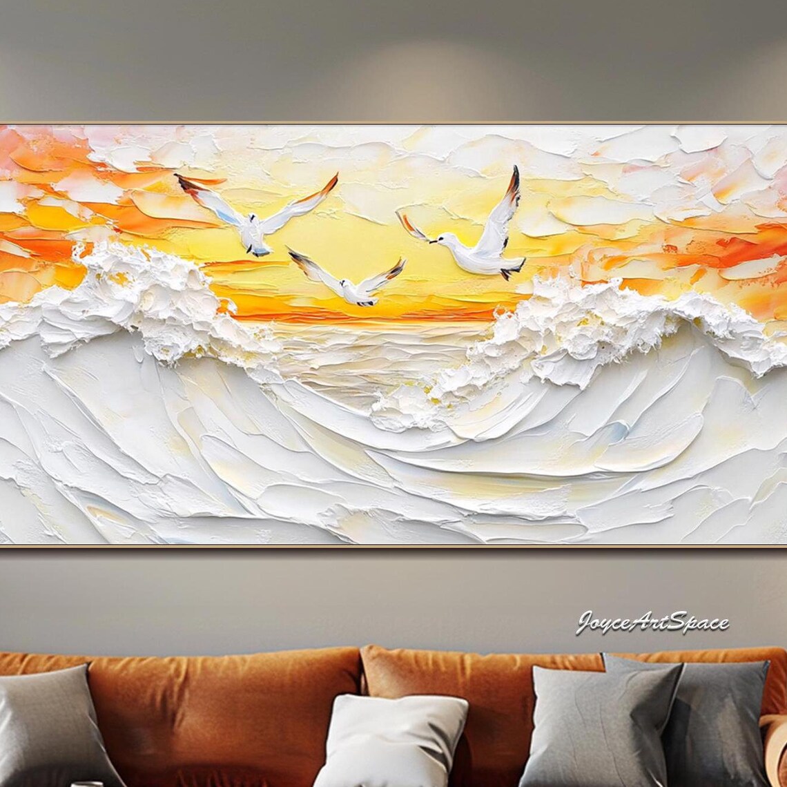 Ocean Waves Seagulls Golden Sunrise 3D Impasto Seascape Wall Art