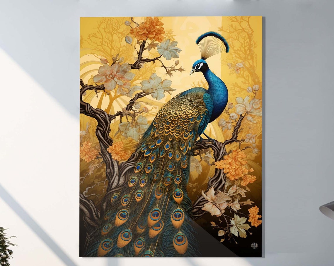 Majestic Peacock Orange Blossoms Golden Tree Bird Feather Art Poster