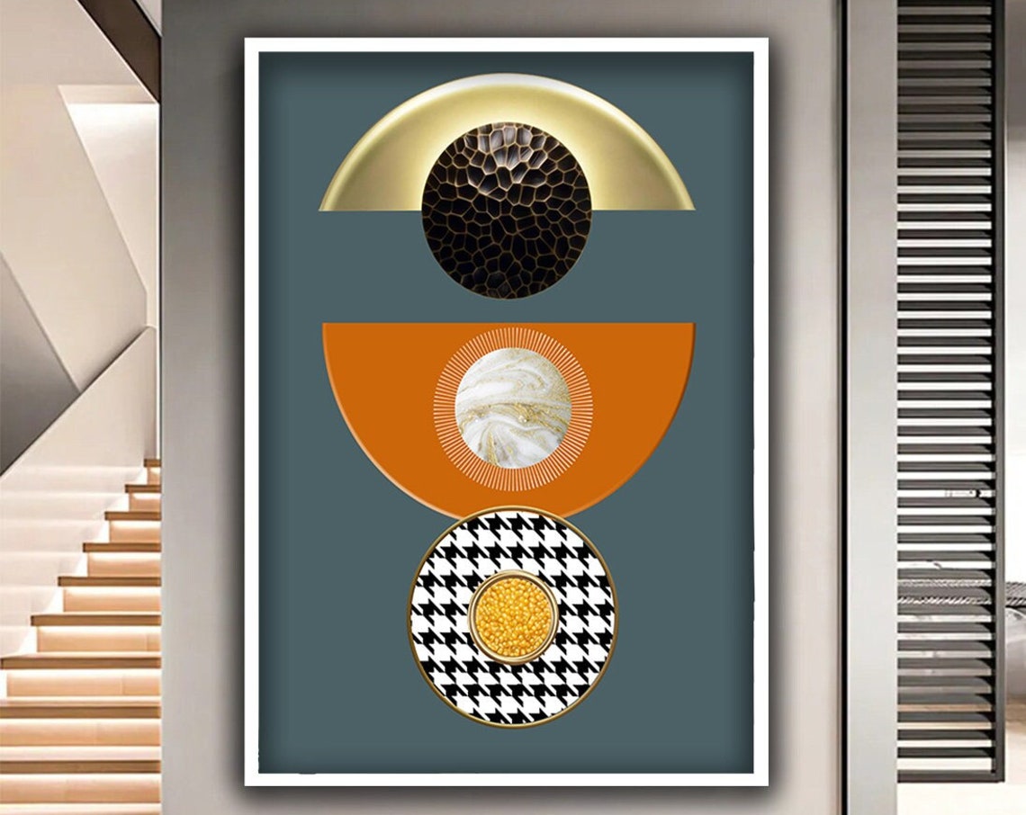 Mid Century Geometric Gold Orange Abstract Modern Wall Art Poster