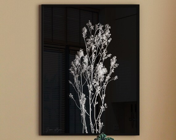 Black Floral Botanical Print, Minimalist Rustic Flower