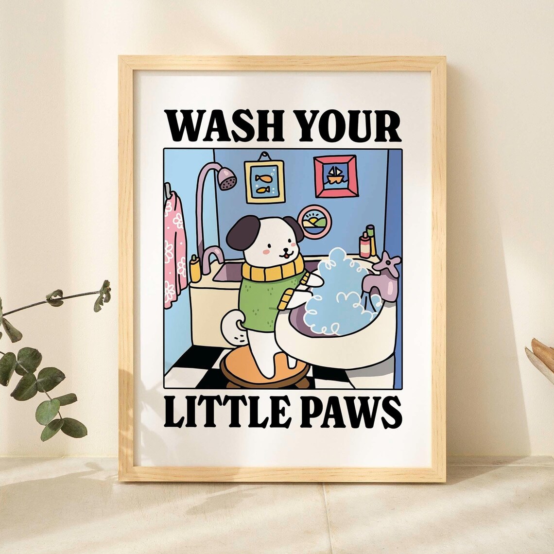 Wash Your Paws Dog Print, Cute Bathroom Poster