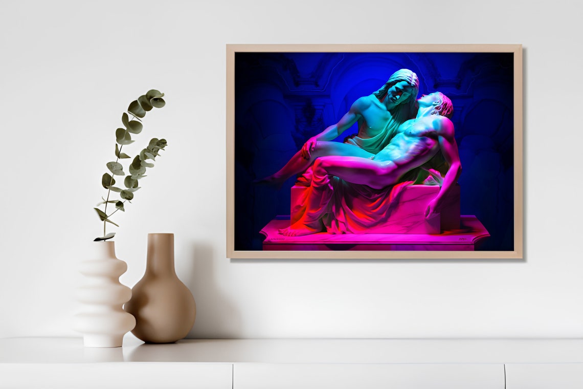 Divine Radiance Colorful Neon Michelangelos Pieta Wall Art Print Renaissance Home Dcor Classical Art - Image 5