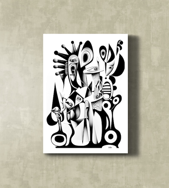 Black and White Cubist Abstract Faces Bold Modern Art Poster
