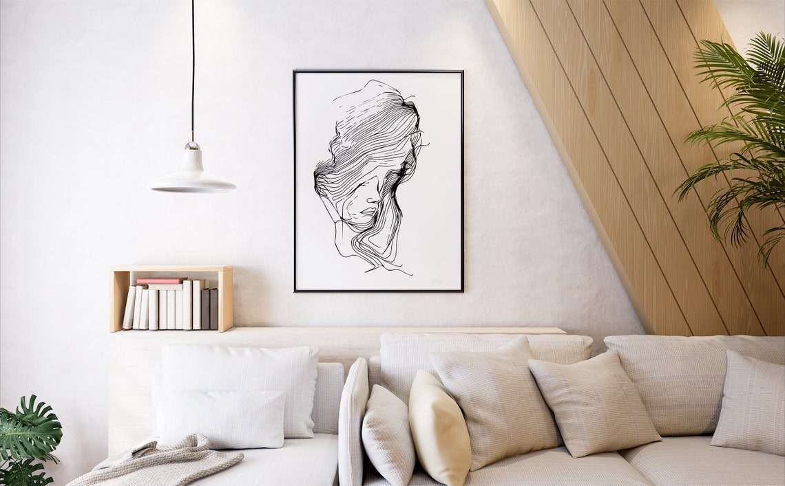 Minimalist Woman Face Line Art Flowing Hair Ink Drawing Poster - Image 6