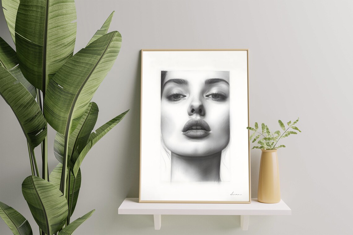 Pencil Sketch Portrait of a Beautiful Woman Black and White Art Poster - Image 4