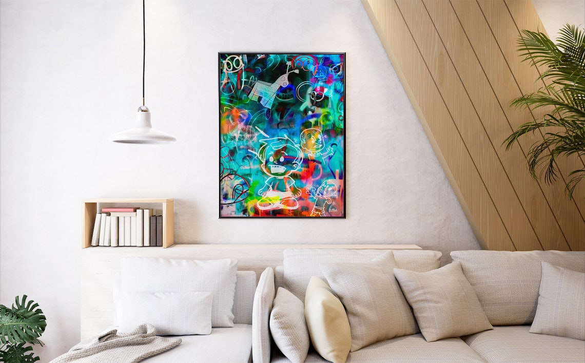 Neon Graffiti Cartoon Faces Street Art Glowing Teal Blue Wall Art - Image 7