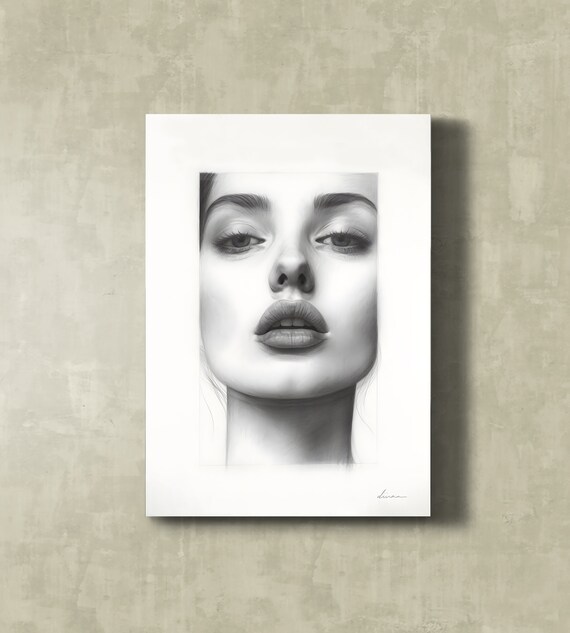 Pencil Sketch Portrait of a Beautiful Woman Black and White Art Poster