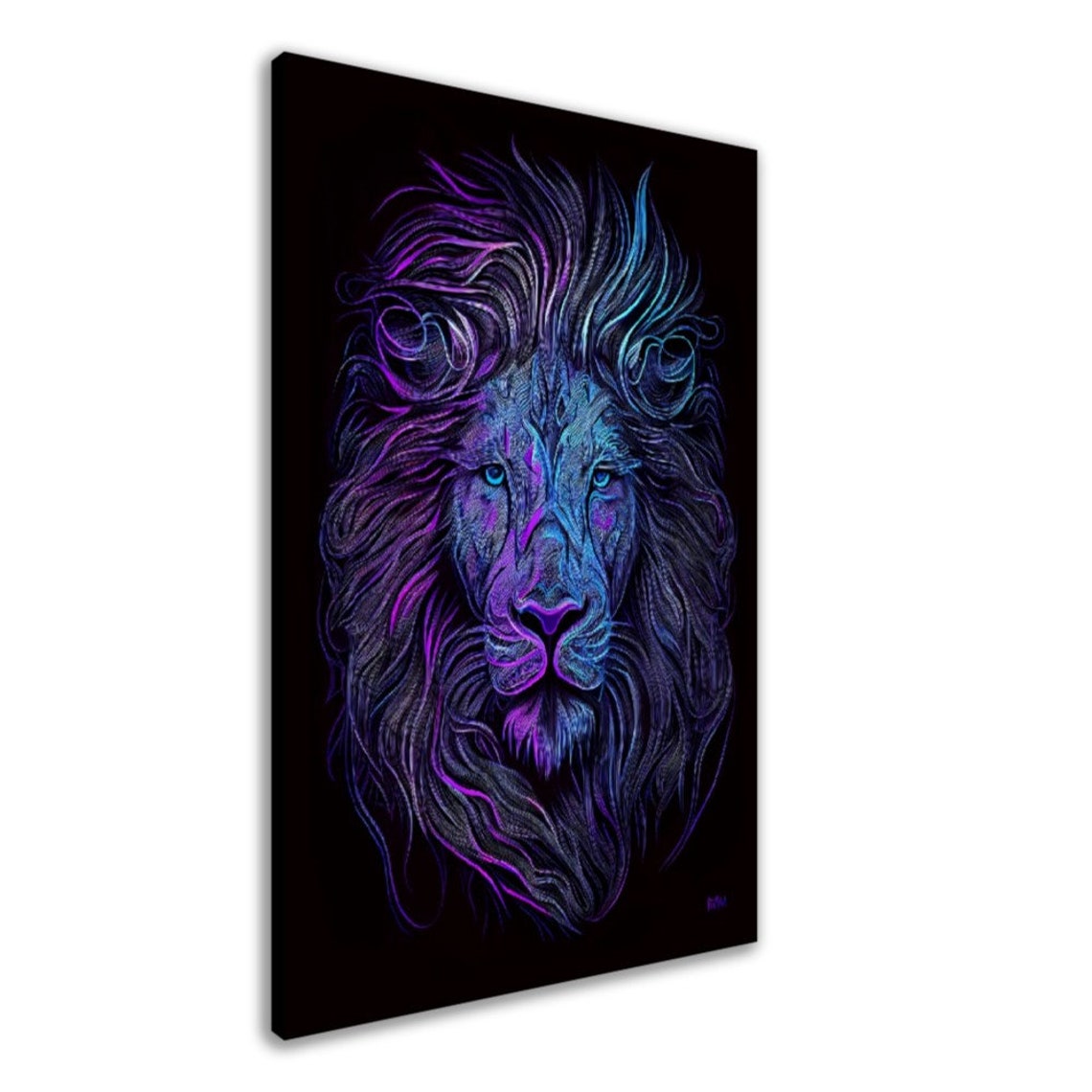 Neon Blue Lion Head Glowing Line Art on Black Background Wall Art - Image 2
