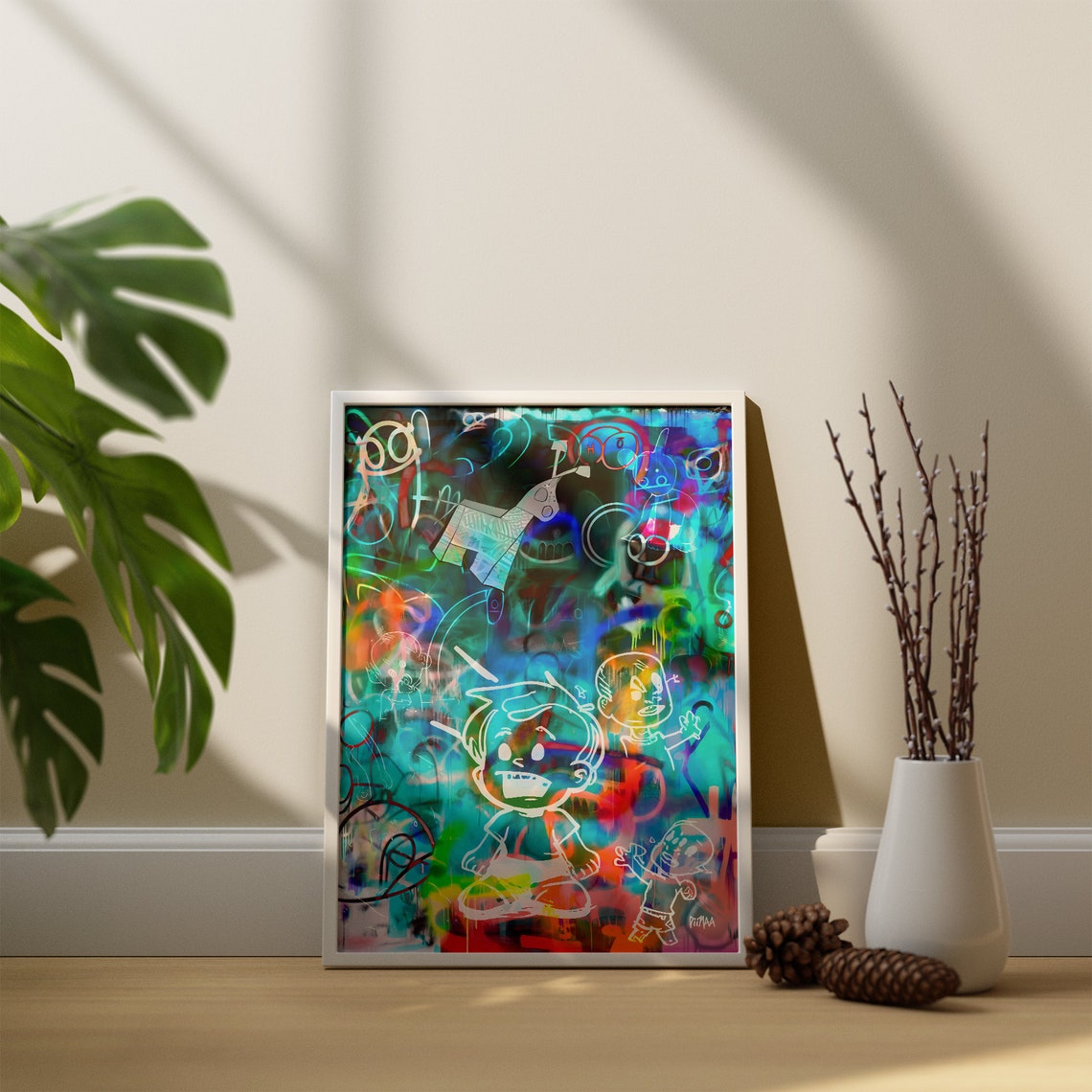Neon Graffiti Cartoon Faces Street Art Glowing Teal Blue Wall Art - Image 5