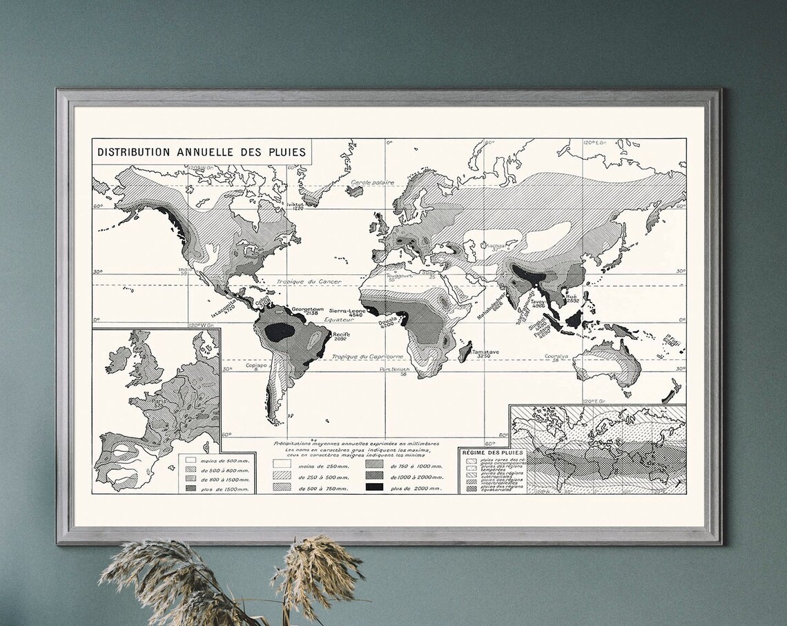 Vintage World Map Antique Illustration Weather Chart Travel Poster