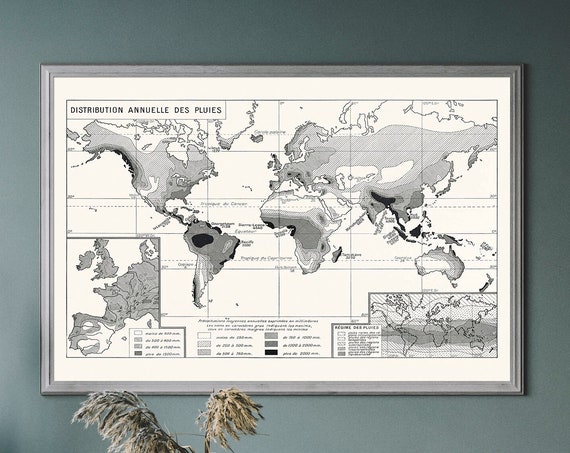 Vintage World Map Antique Illustration Weather Chart Travel Poster