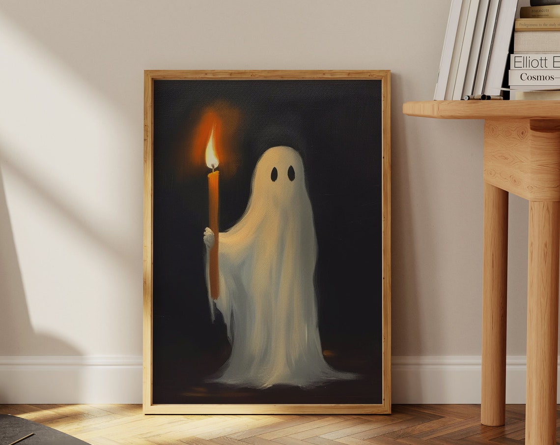 Cute Ghost Holding a Candle on Black Vintage Halloween Poster