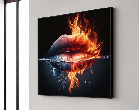 Fire And Ice Lips Canvaspassionate Flames Wall Artwater Art Printkiss Abstract Artsensual Decorduality Canvas