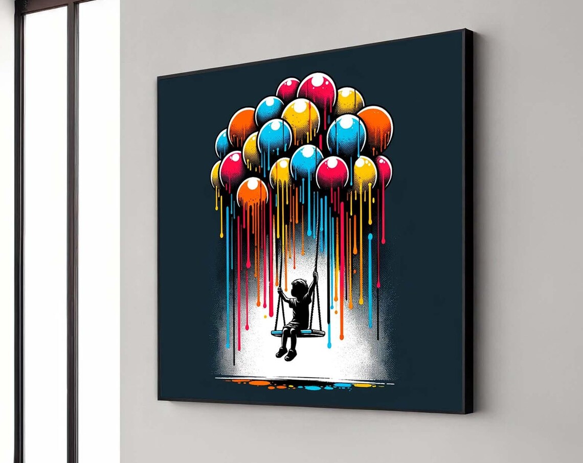 Child Silhouette Swing Under Dripping Balloons Dark Art Poster
