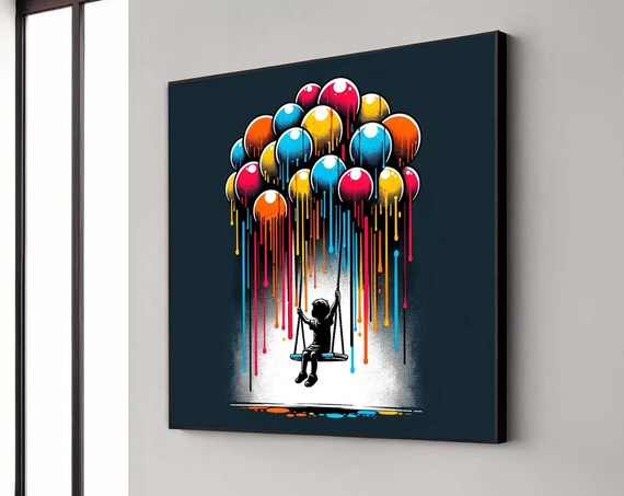 Child Silhouette Swing Under Dripping Balloons Dark Art Poster