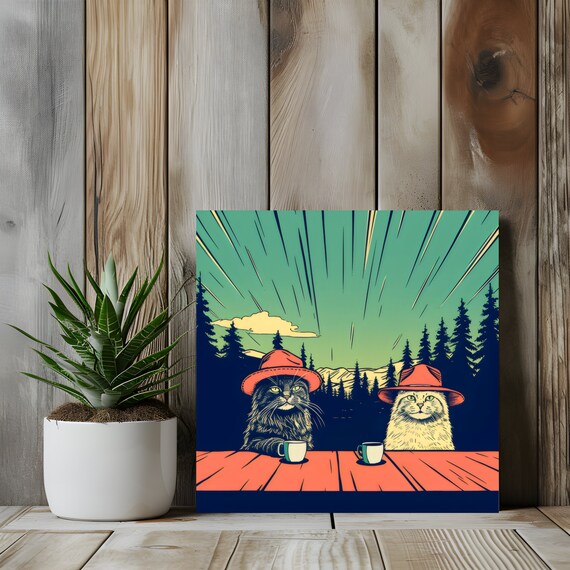 Cowboy Cats Coffee Break Eclectic Quirky Kitchen Wall Art Illustration Funny Cat Poster Square Country Lover Gift
