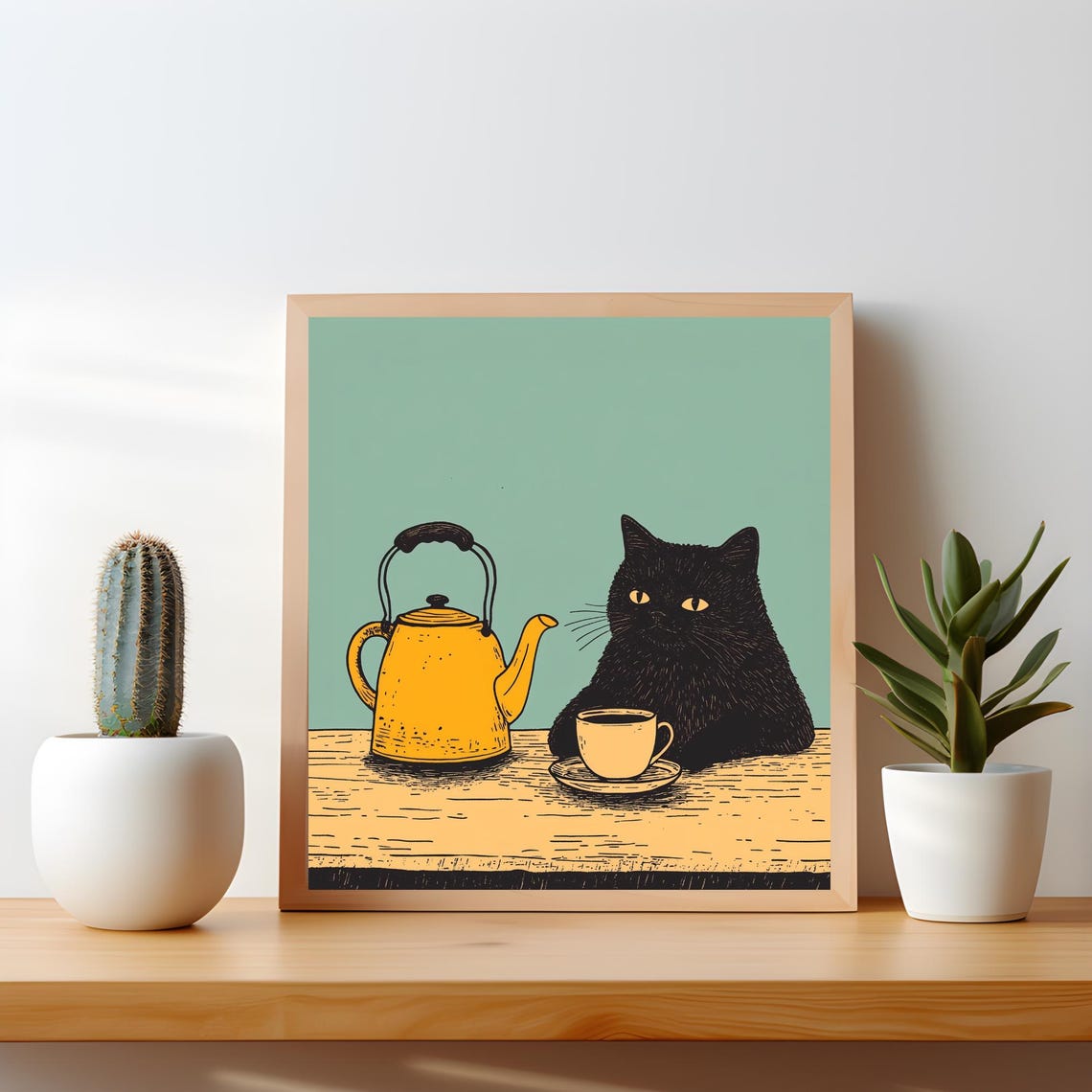 Black Cat Chilling With Tea Poster Quirky Kitchen Wall Art Retro Decor Fun Illustration Perfect Lover Gift
